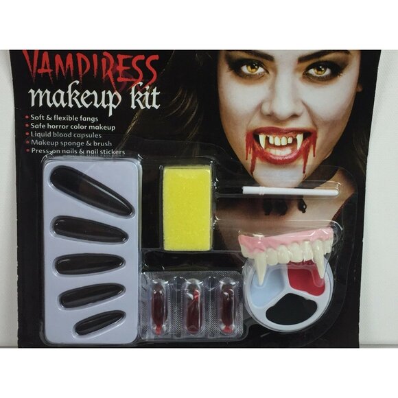 Halloween Vampiress Makeup Kit Fangs Nails Liquid Blood Cosplay Costume Theatre - Picture 1 of 5
